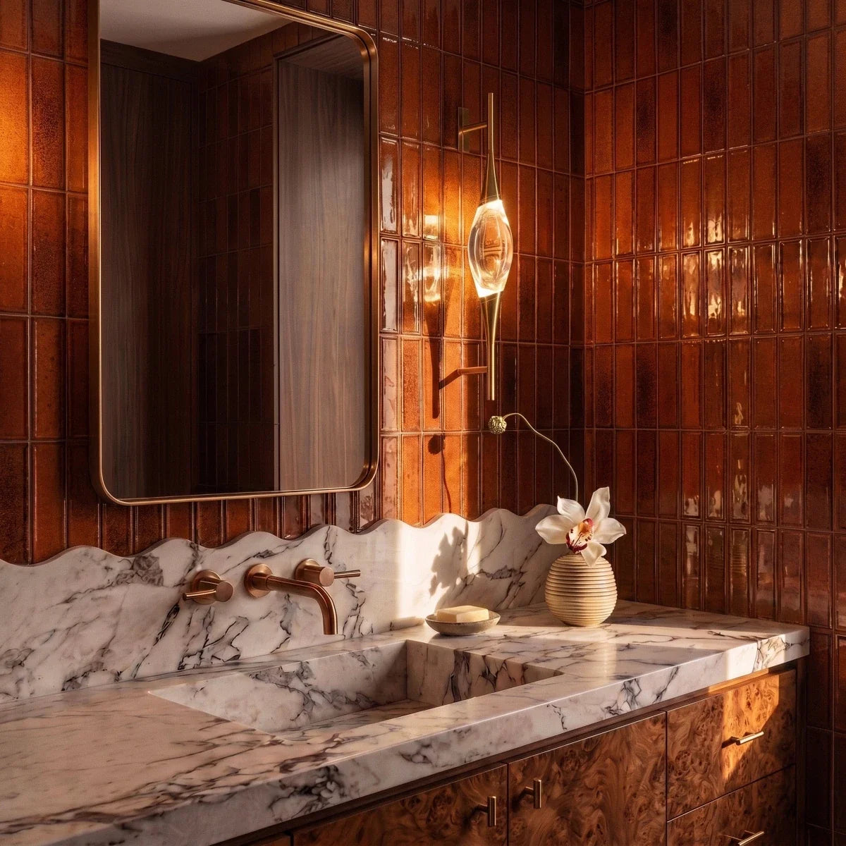 Clérachic gold wall light with a lit crystal centrepiece beside a mirror above a marble vanity and rust-coloured glazed tiles.