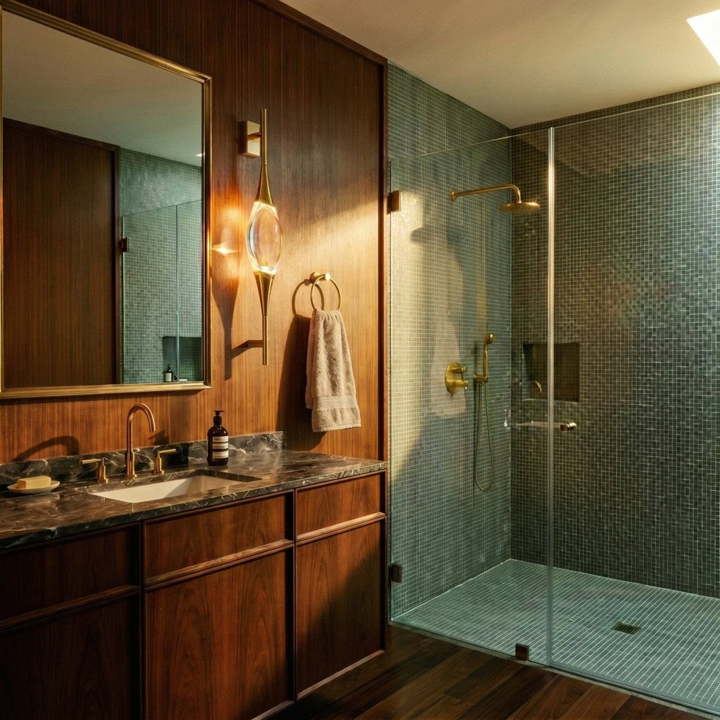Clérachic gold wall light with a crystal centrepiece beside a mirror on a wood-panelled bathroom wall, next to a glass shower.