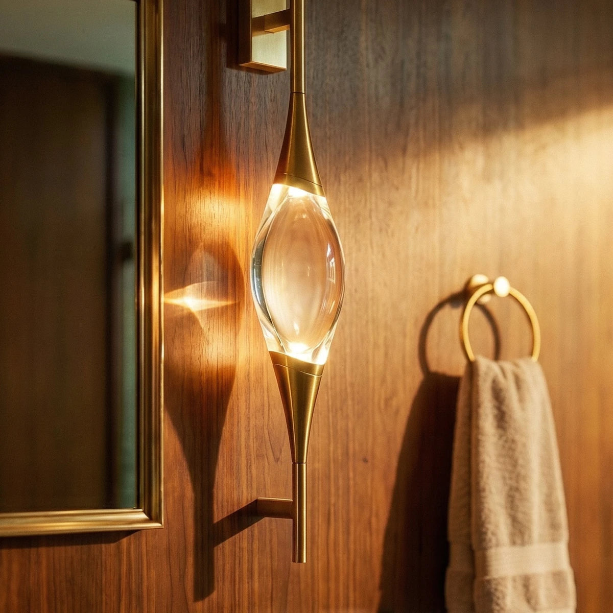 Clérachic gold wall light close up, its clear crystal centrepiece glowing on a warm wood-panelled wall beside a towel ring.