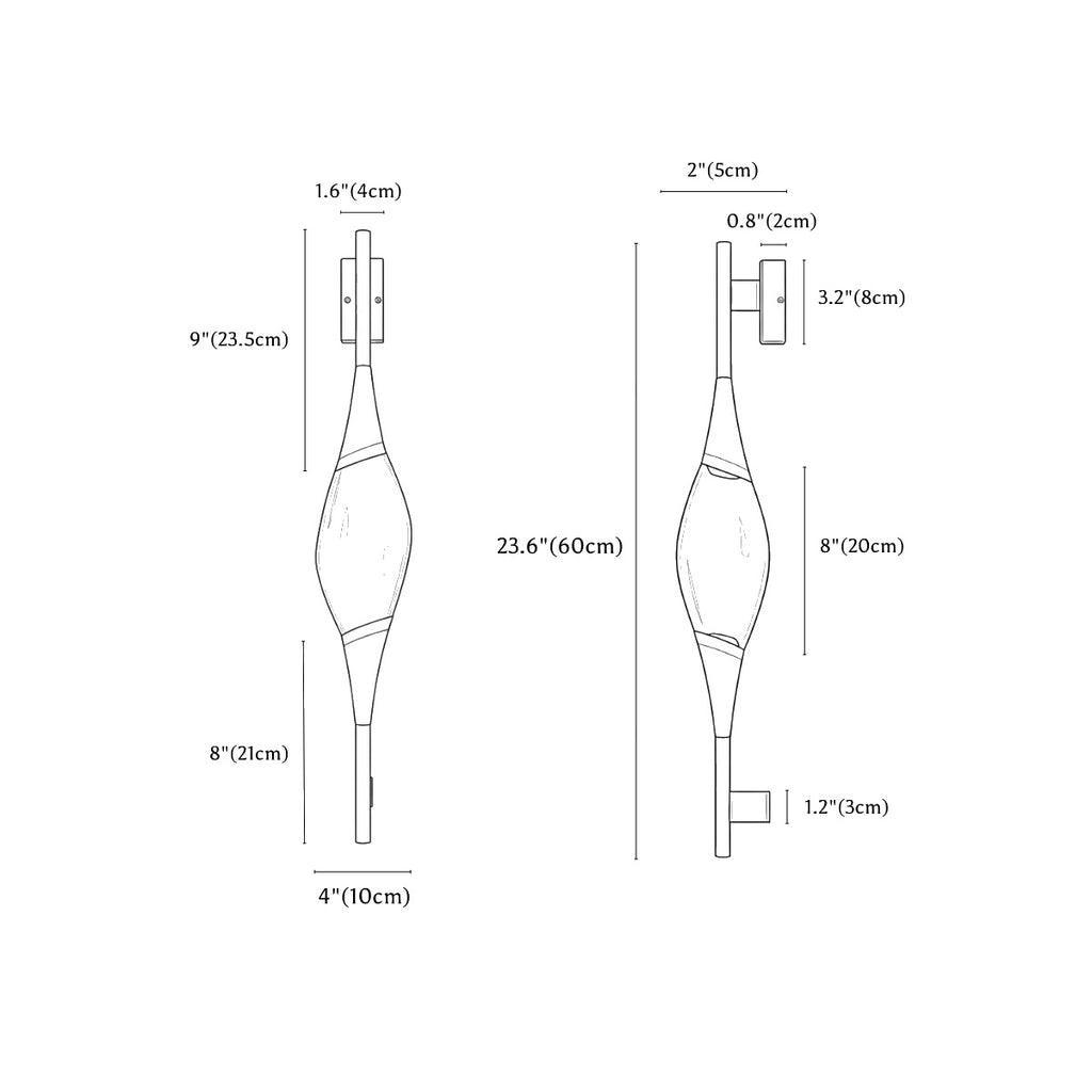 Clérachic wall light dimension drawing, every measurement marked in centimetres and inches.