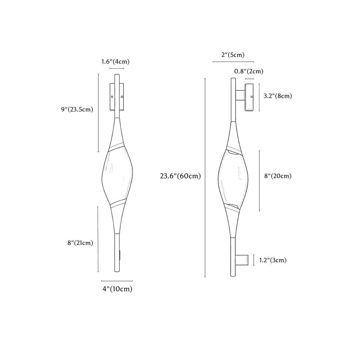 Clérachic wall light dimension drawing, every measurement marked in centimetres and inches.