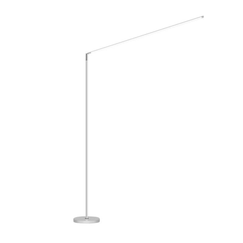 White Clérachic floor lamp on white, with a thin pole, a round base and the long light bar angled upwards.