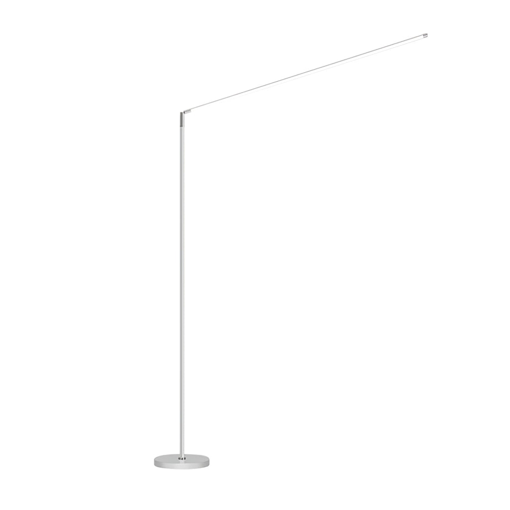 White Clérachic slim floor lamp in full view on white, showing the tall pole, flat round base and long angled light bar.