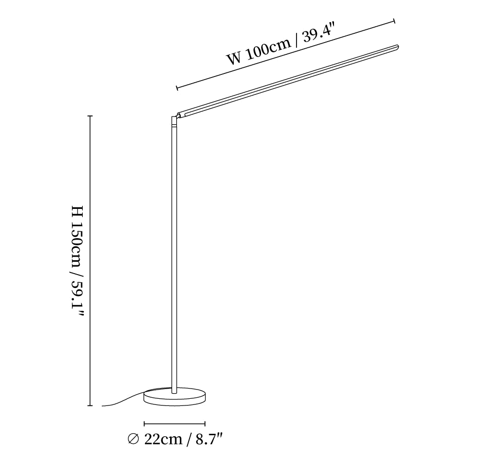 Dimension drawing of this Clérachic floor lamp, with its height of 150 cm (59.1″), its 100 cm (39.4″) arm width and its 22 cm (8.7″) base marked.