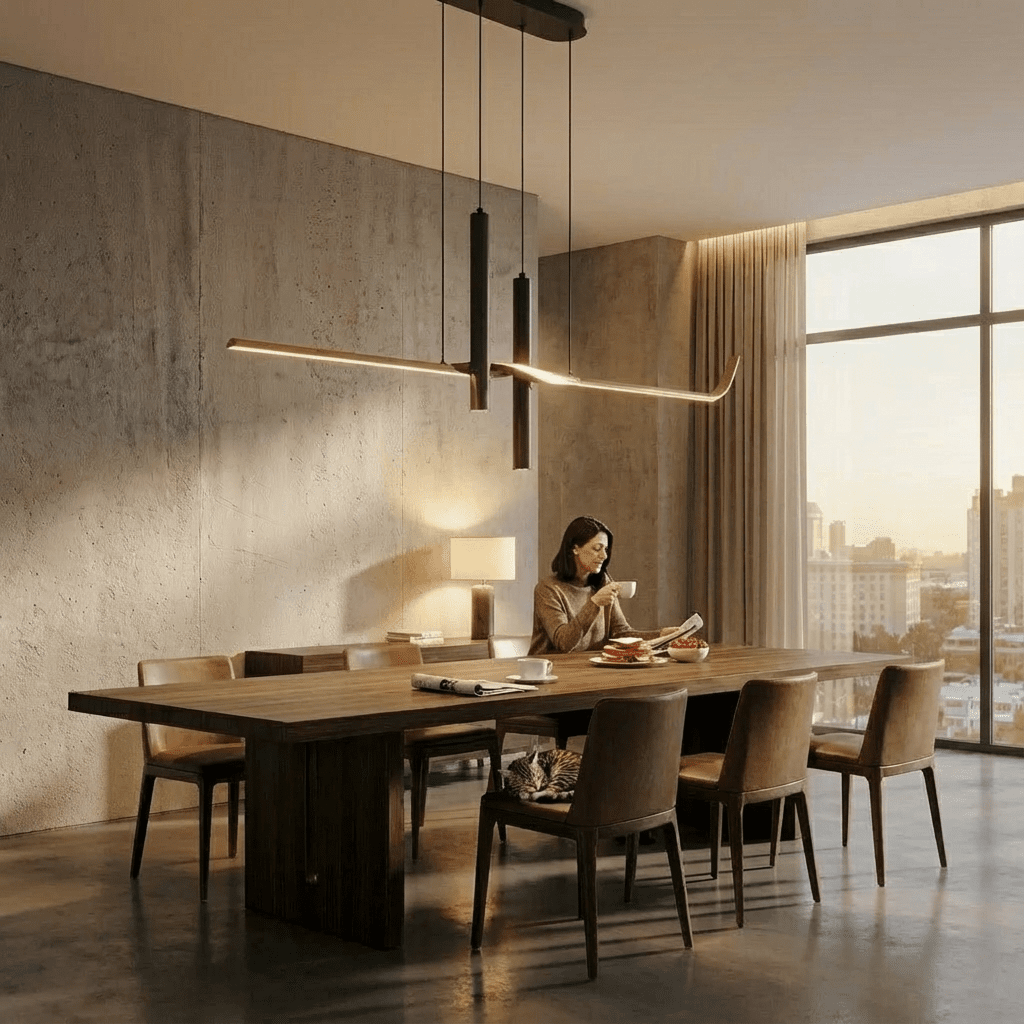Clérachic black linear pendant above a long timber dining table in a bright concrete-walled room with a morning city view.