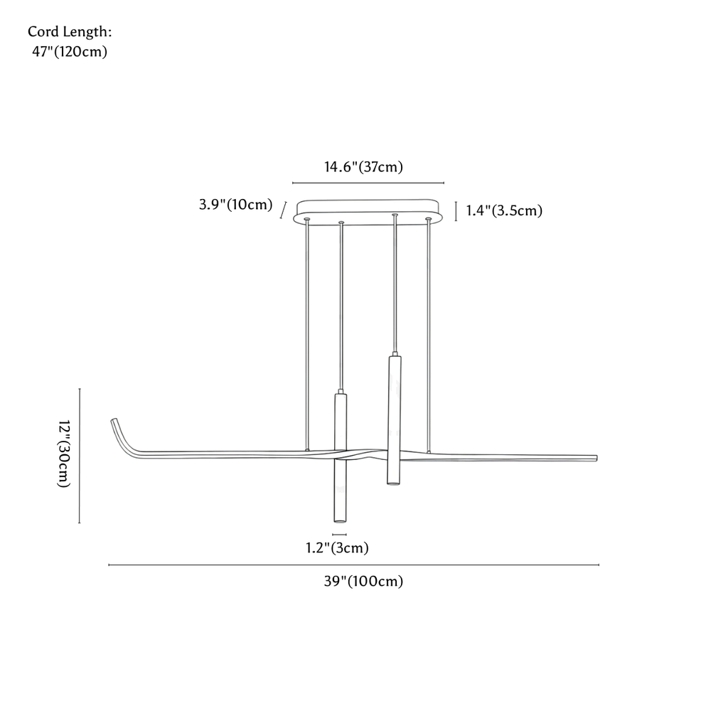 Clérachic pendant light dimension drawing, 100 cm, every measurement marked in centimetres and inches.