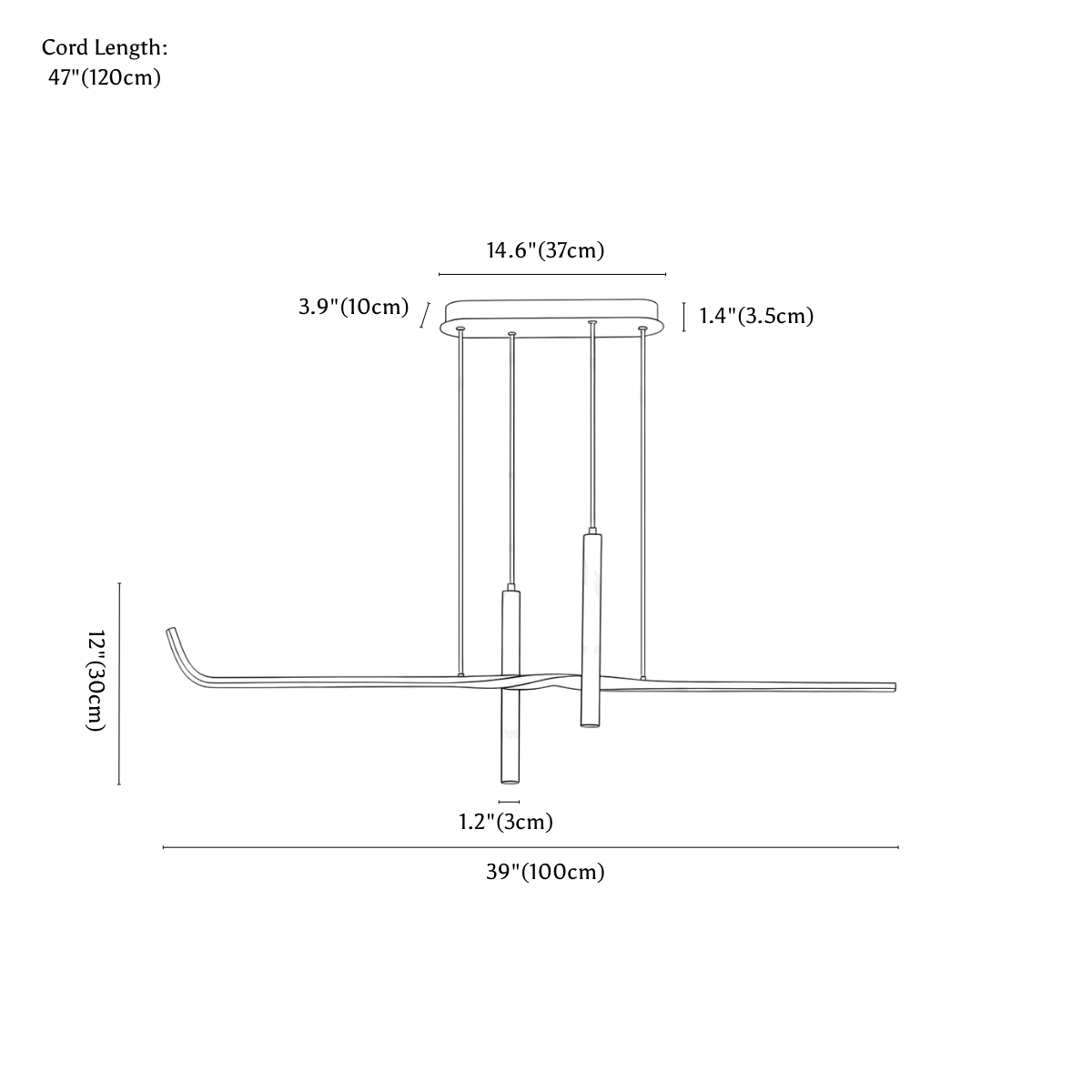 Clérachic pendant light dimension drawing, 100 cm, every measurement marked in centimetres and inches.