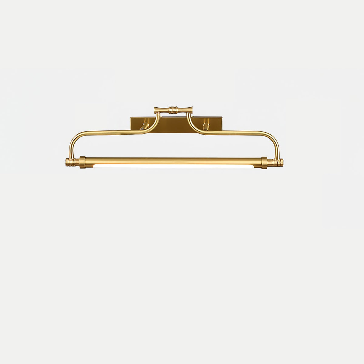 A Clérachic wall light in a bright gold finish on a pale grey backdrop, with its tube glowing softly.