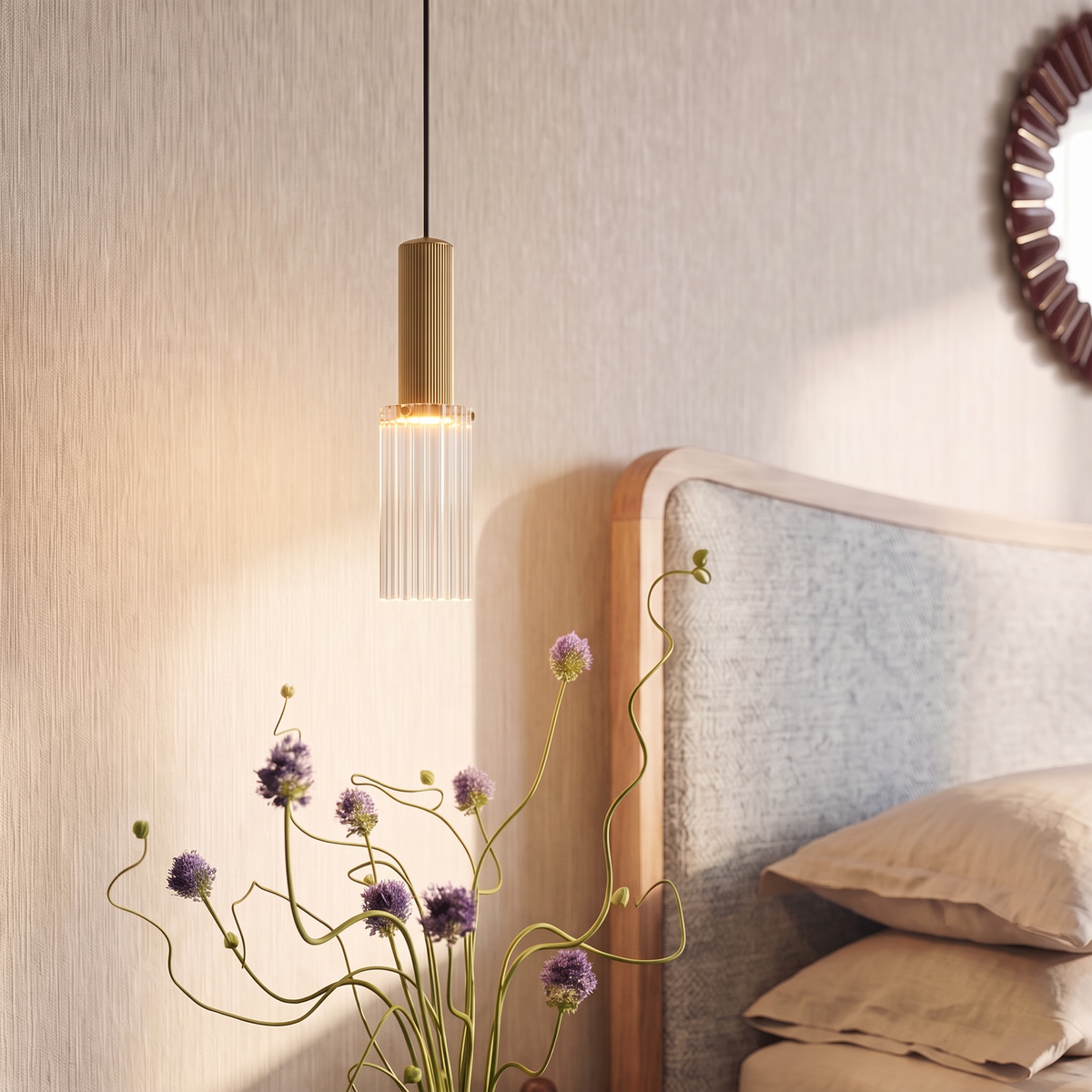 Close view of the Clérachic fluted brass-toned body and vertically ribbed clear glass shade, lit warm