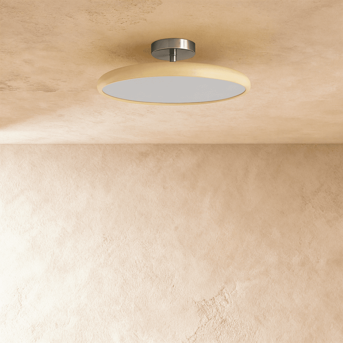 Clérachic cream-rimmed round ceiling light switched off, showing the flat white diffuser and brushed metal canopy.