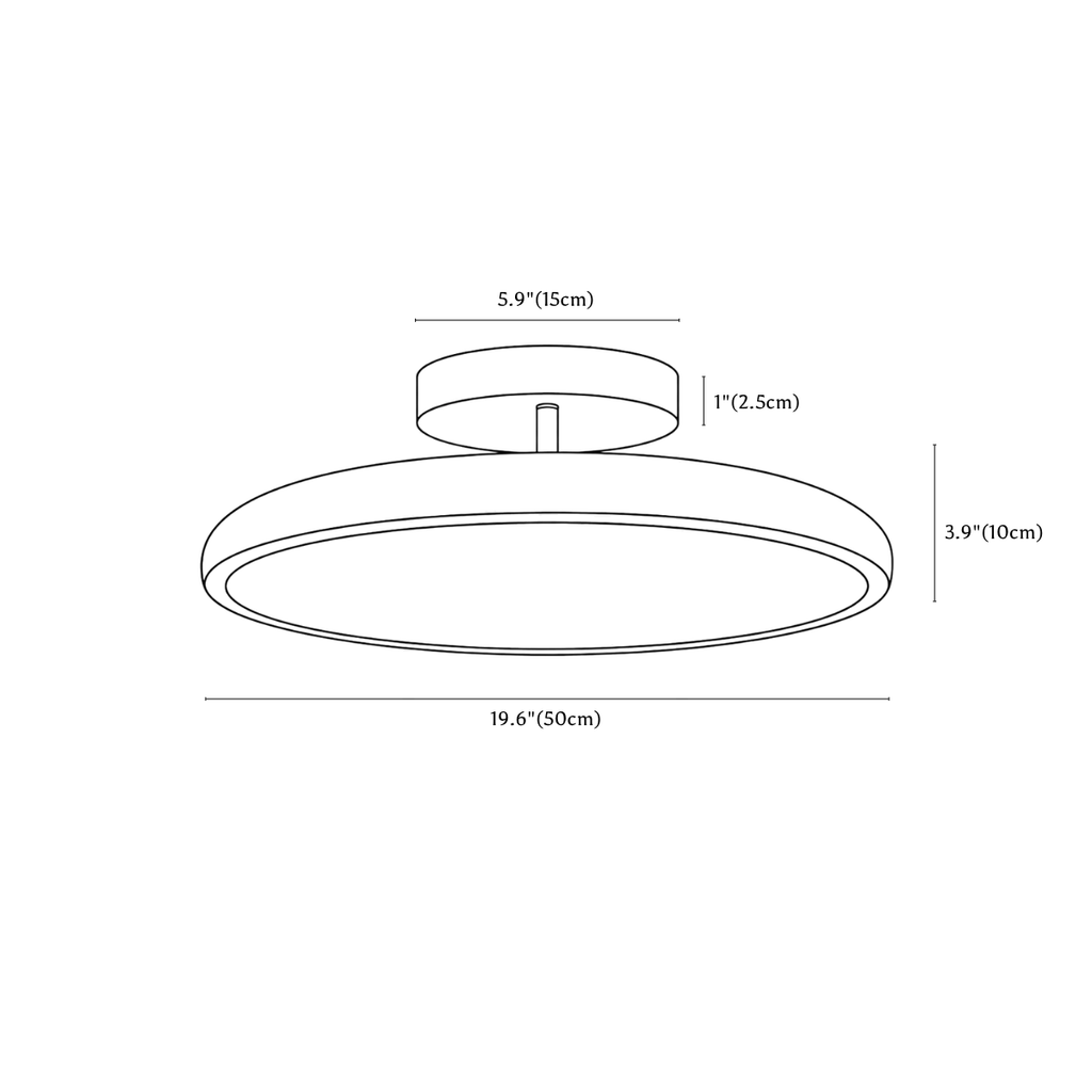 Clérachic ceiling light dimension drawing, 50 cm, every measurement marked in centimetres and inches.
