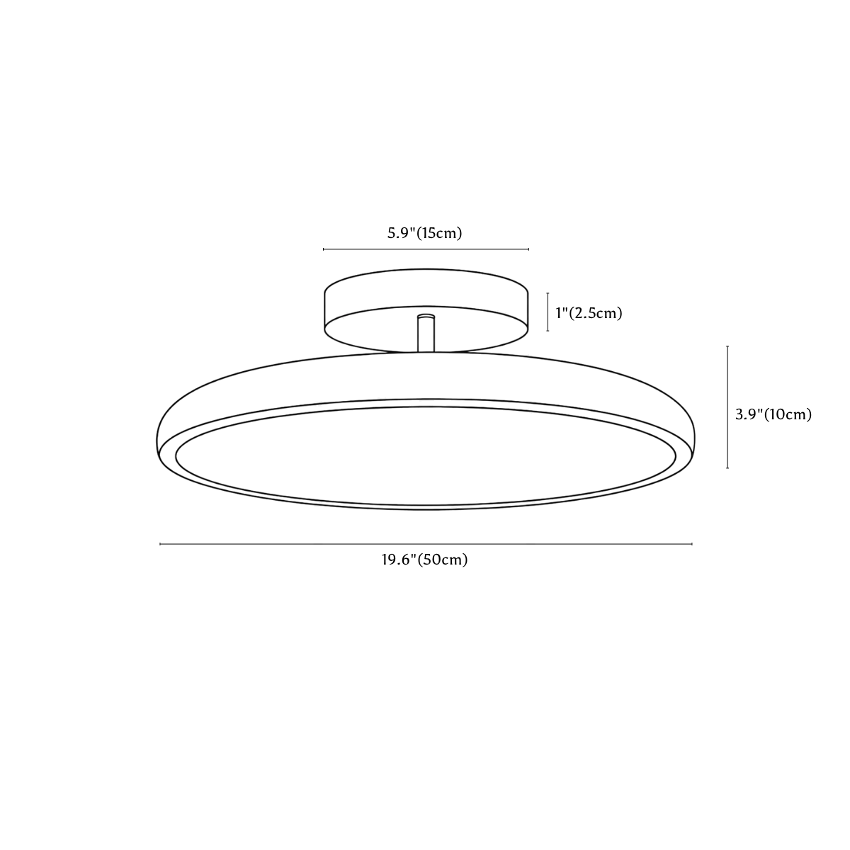 Clérachic ceiling light dimension drawing, 50 cm, every measurement marked in centimetres and inches.