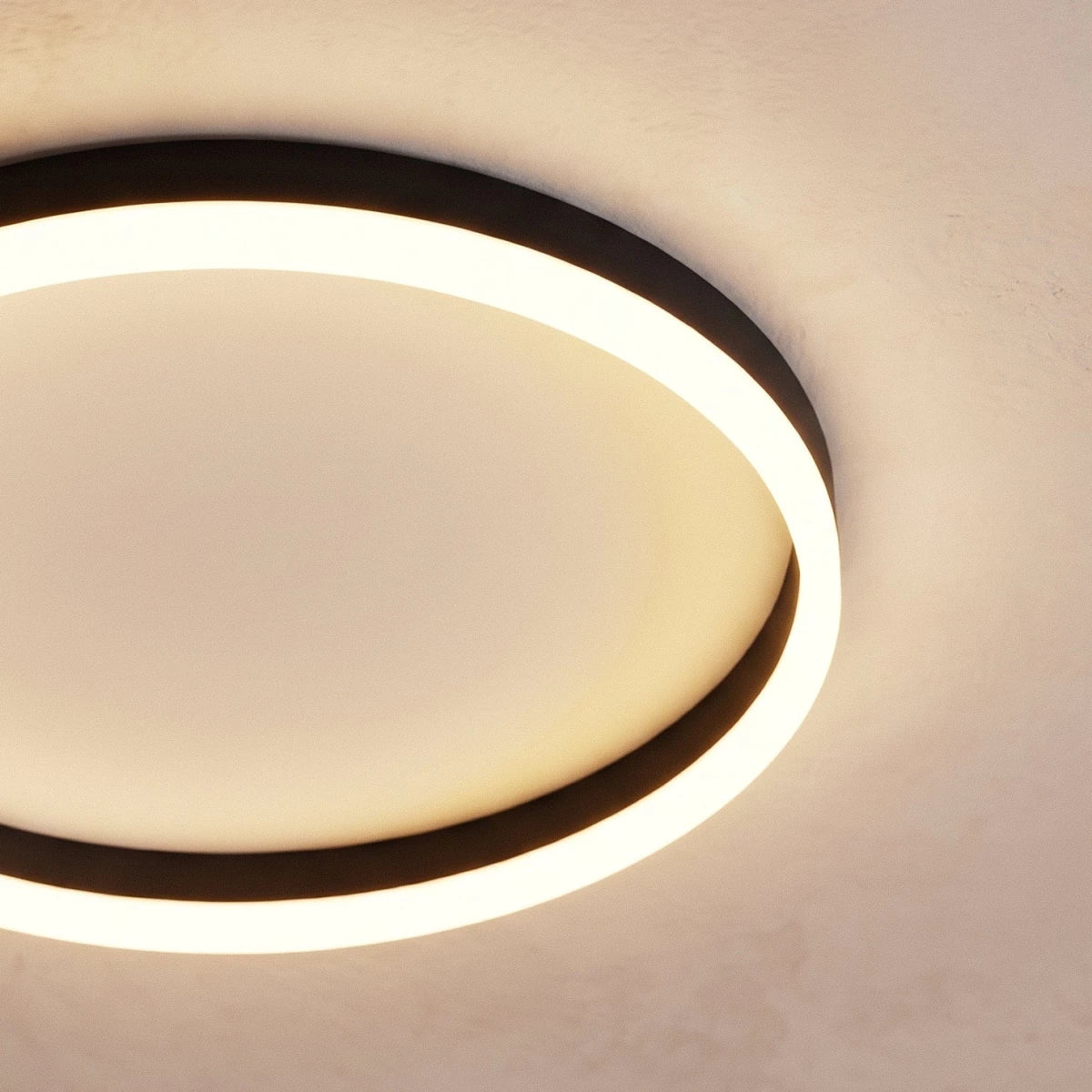 Clérachic close view of a black round ceiling light, its frosted acrylic ring glowing around a pale recessed centre disc.