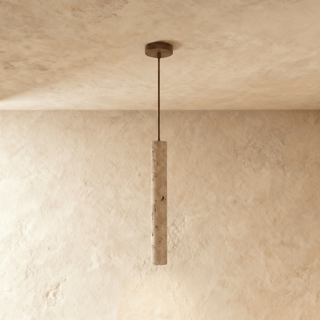 Clérachic slim stone-look cylinder pendant hanging on a thin rod from a bronze canopy, shown in a shorter length.