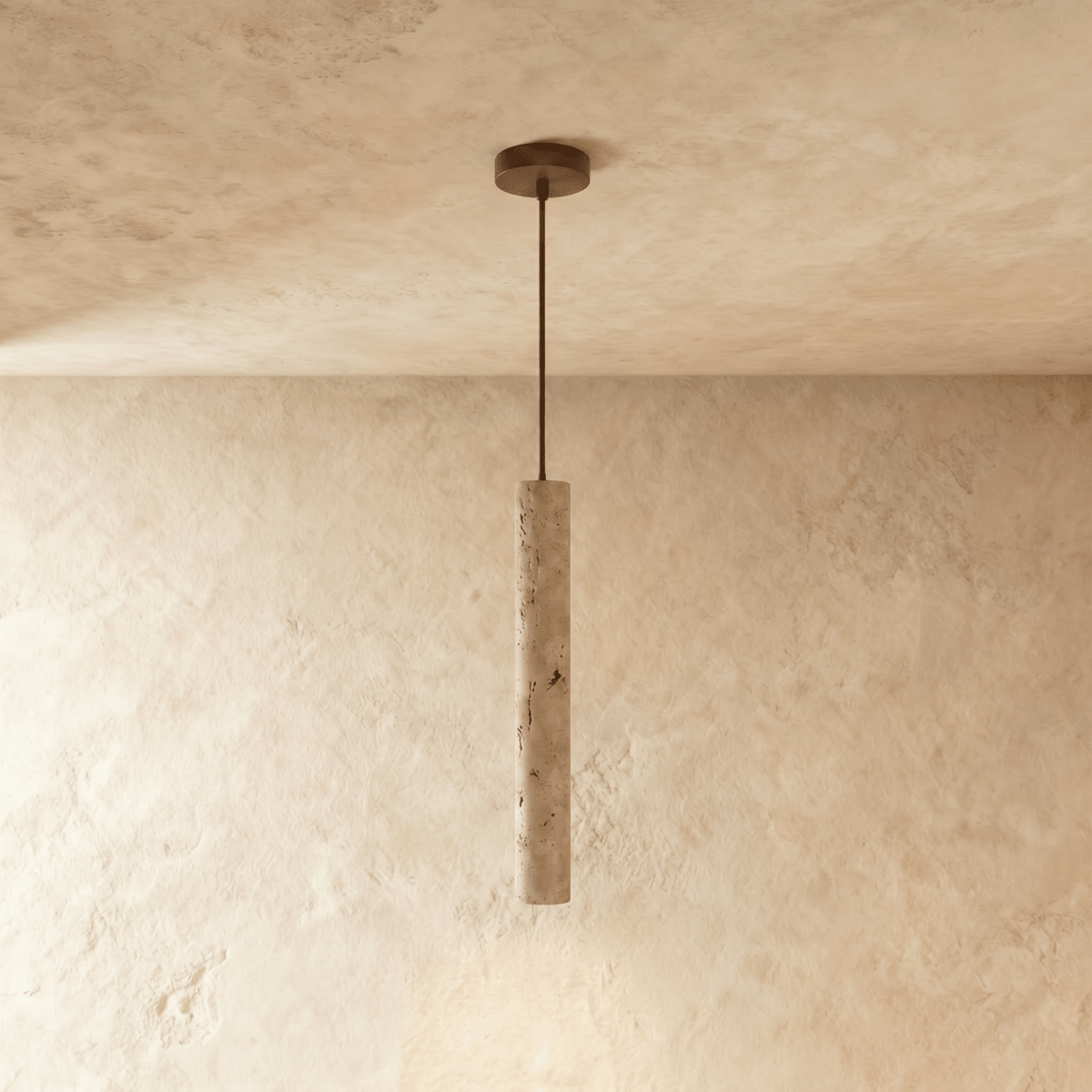 Clérachic slim stone-look cylinder pendant hanging on a thin rod from a bronze canopy, shown in a shorter length.