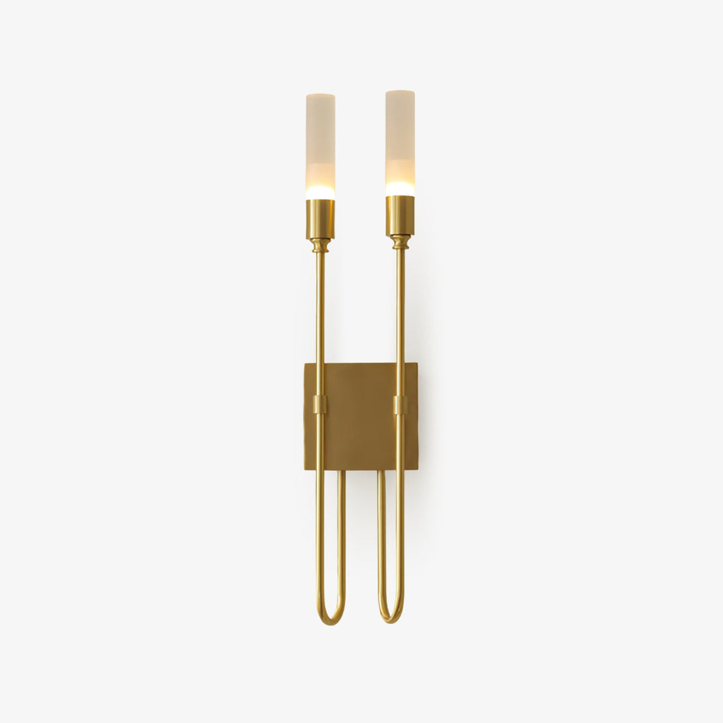 Front view of this Clérachic two-light wall sconce in brass on a white backdrop, with two frosted tubes above a square backplate and long U-shaped arms.