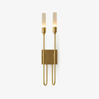 Front view of this Clérachic two-light wall sconce in brass on a white backdrop, with two frosted tubes above a square backplate and long U-shaped arms.