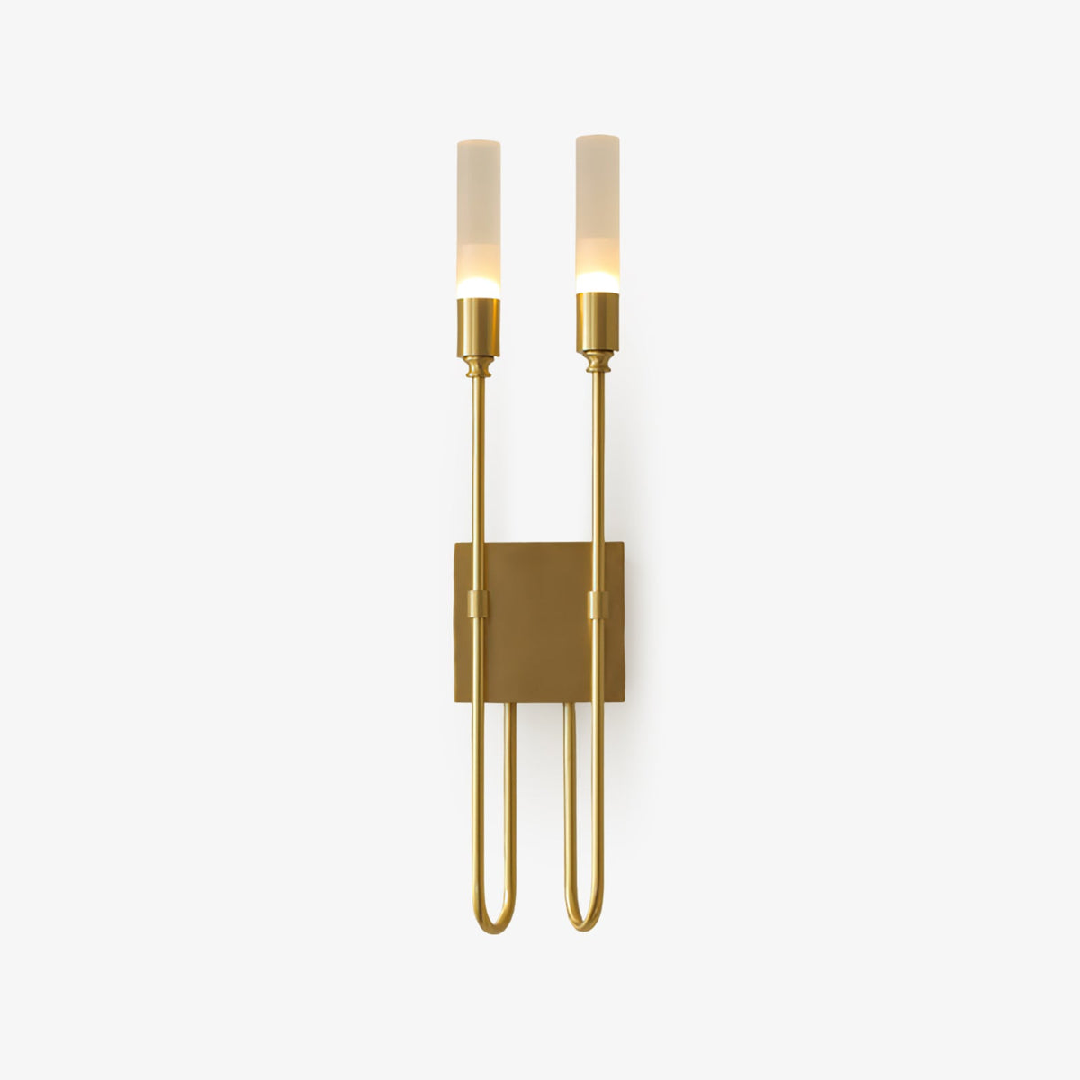 Front view of this Clérachic two-light wall sconce in brass on a white backdrop, with two frosted tubes above a square backplate and long U-shaped arms.
