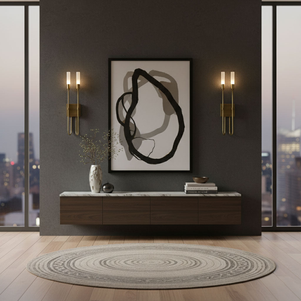 Lit brass Clérachic sconces on a dark charcoal wall either side of an abstract black-and-white print, above a floating walnut console with a city view.