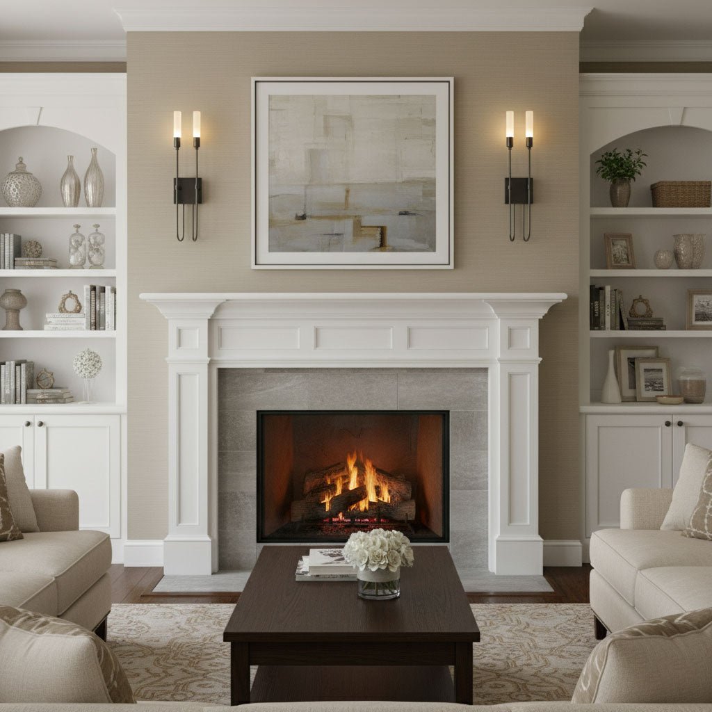 Black Clérachic two-light sconces at either side of a framed abstract canvas above a white mantel with a lit fire, between built-in shelves.