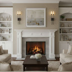 Black Clérachic two-light sconces at either side of a framed abstract canvas above a white mantel with a lit fire, between built-in shelves.