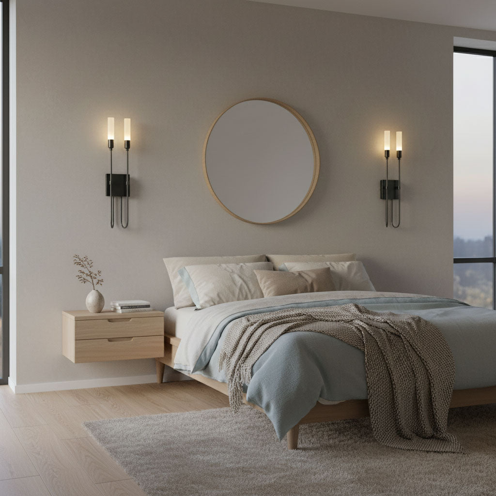 A pair of black Clérachic wall sconces above a bedroom's headboard wall, either side of a round brass-framed mirror, beside a pale floating nightstand.