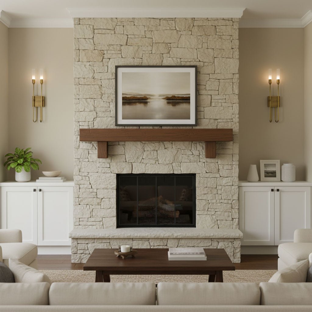 Brass Clérachic sconces on beige walls either side of a stone fireplace with a wood mantel and a framed landscape, with white cabinets beyond.