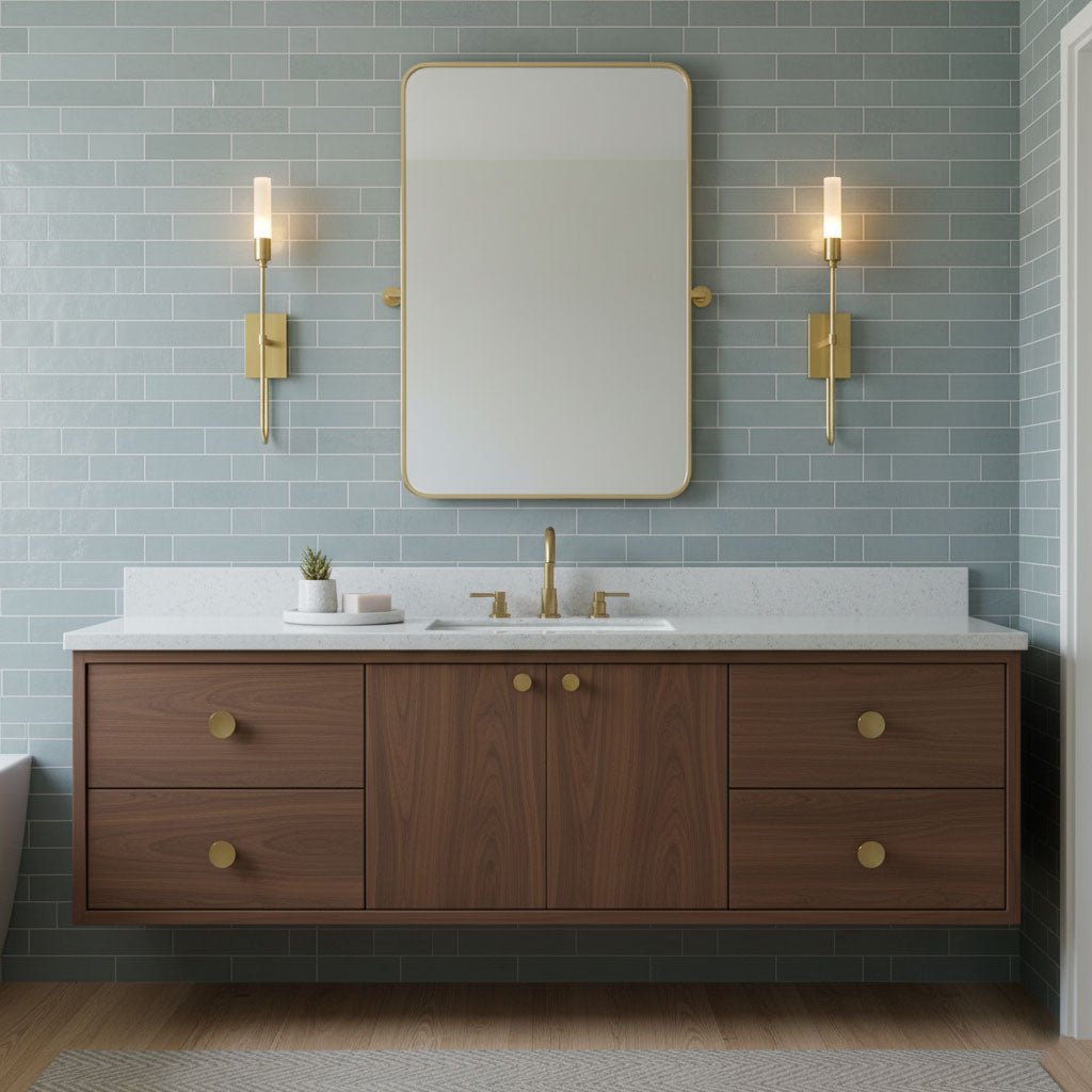 Two lit brass Clérachic wall lights either side of a tall rounded mirror on pale blue tiles, above a walnut floating vanity with a white top.