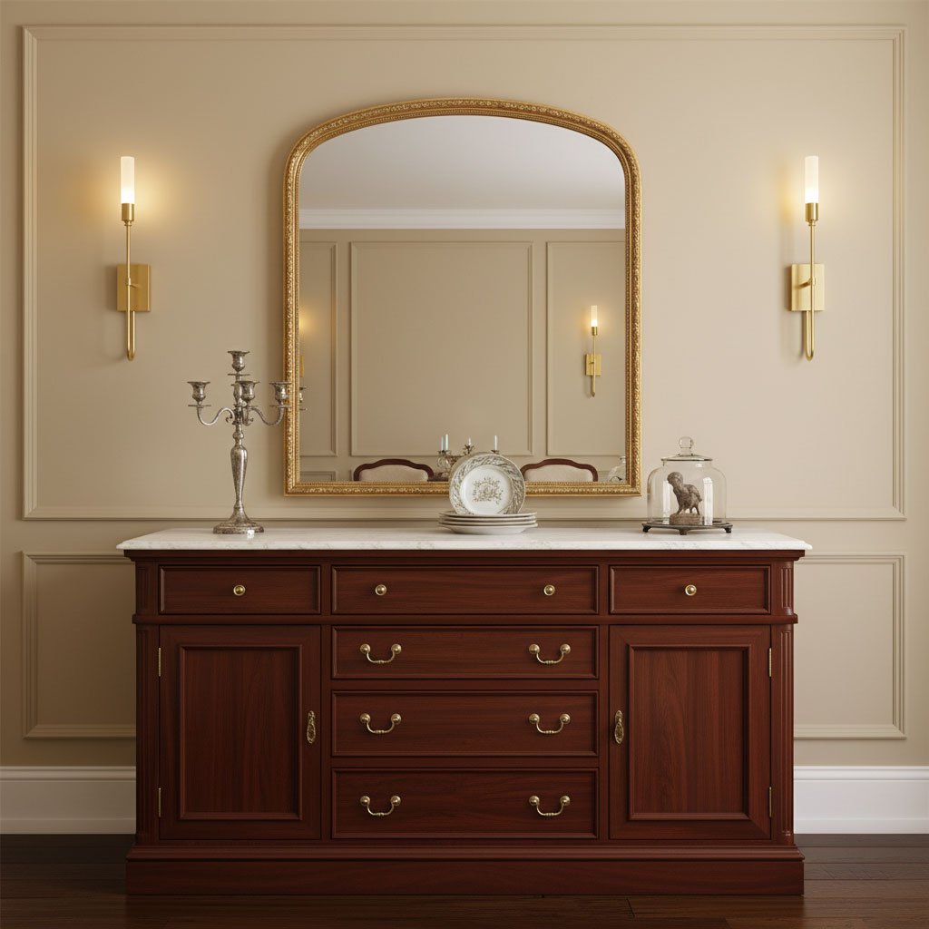 Lit brass Clérachic sconces framing an arched gilt mirror above a mahogany chest of drawers with a silver candelabra, on a cream panelled wall.