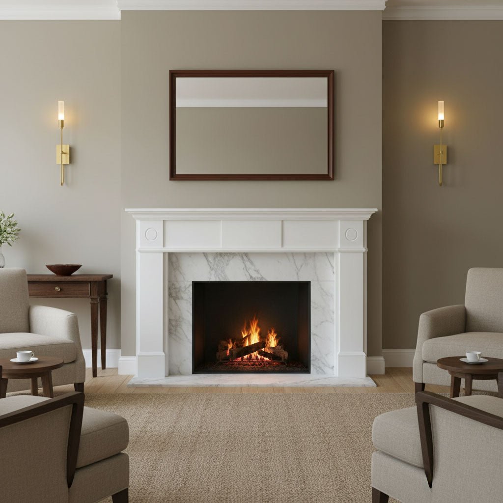 Slim brass Clérachic sconces at either side of a framed mirror above a white marble fireplace, in a calm taupe living room with a lit fire.