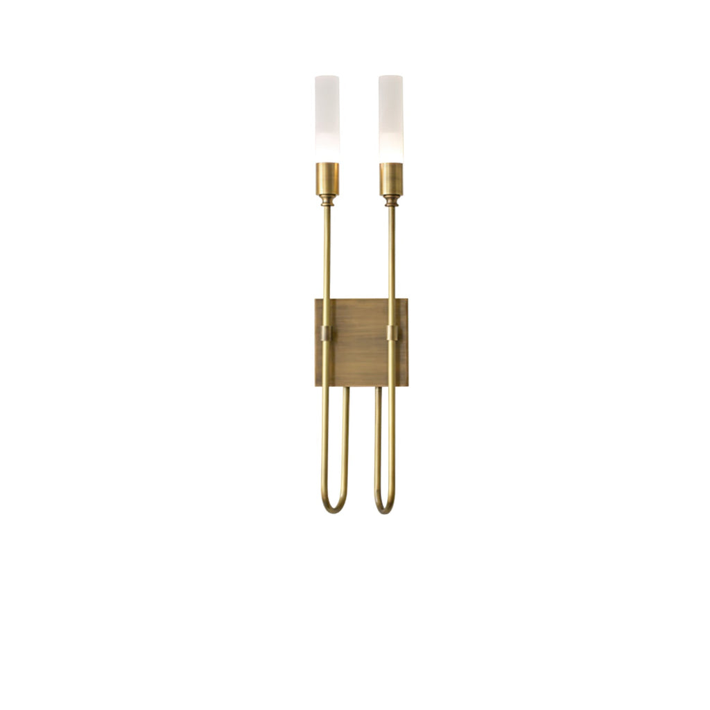 Two-light Clérachic sconce in antique brass on a white background, with two frosted tubes and looped arms either side of a square plate.