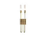 Two-light Clérachic sconce in antique brass on a white background, with two frosted tubes and looped arms either side of a square plate.