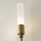 Close view of the frosted tube and aged brass cap on this Clérachic sconce, lit, against a pale wall.