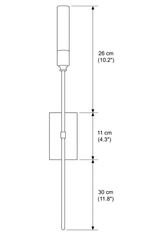 Dimension drawing of this Clérachic single-light sconce, with its tube, plate and lower arm heights marked.