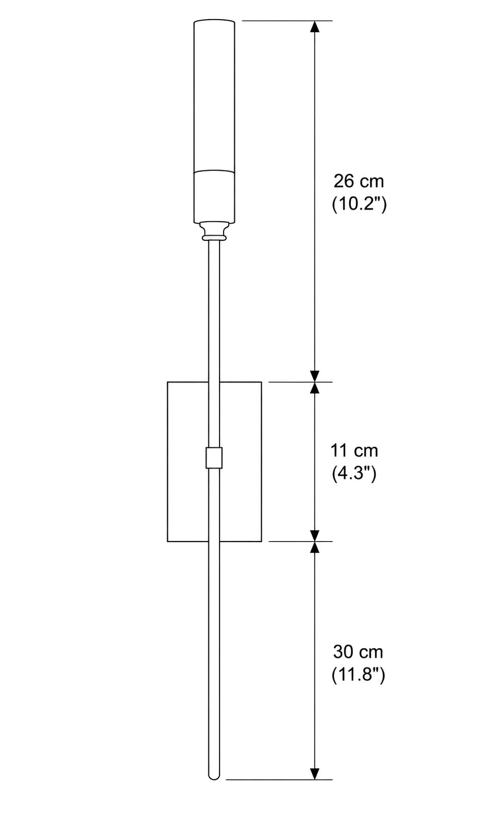Dimension drawing of this Clérachic single-light sconce, with its tube, plate and lower arm heights marked.