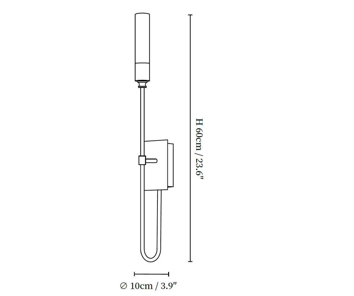 Dimension drawing of this single-light Clérachic sconce, with its 60 cm (23.6″) height and 10 cm (3.9″) width marked.