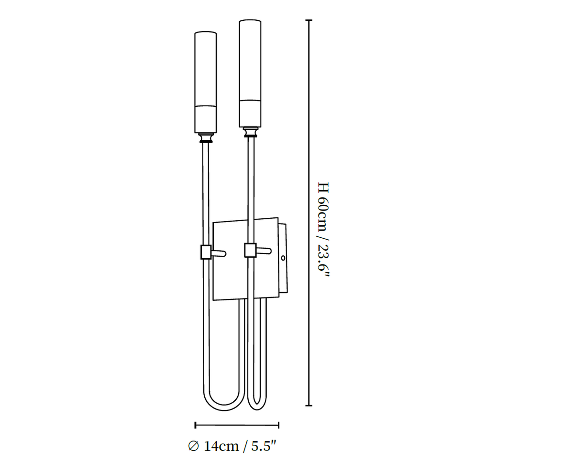 Dimension drawing of this two-light Clérachic sconce, with its 60 cm (23.6″) height and 14 cm (5.5″) width marked.