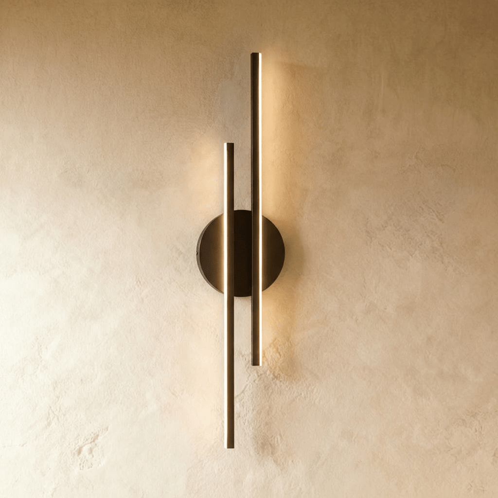 Clérachic wall light with two slim dark light bars on a round dark backplate, edge-lit with a warm glow on limewashed plaster