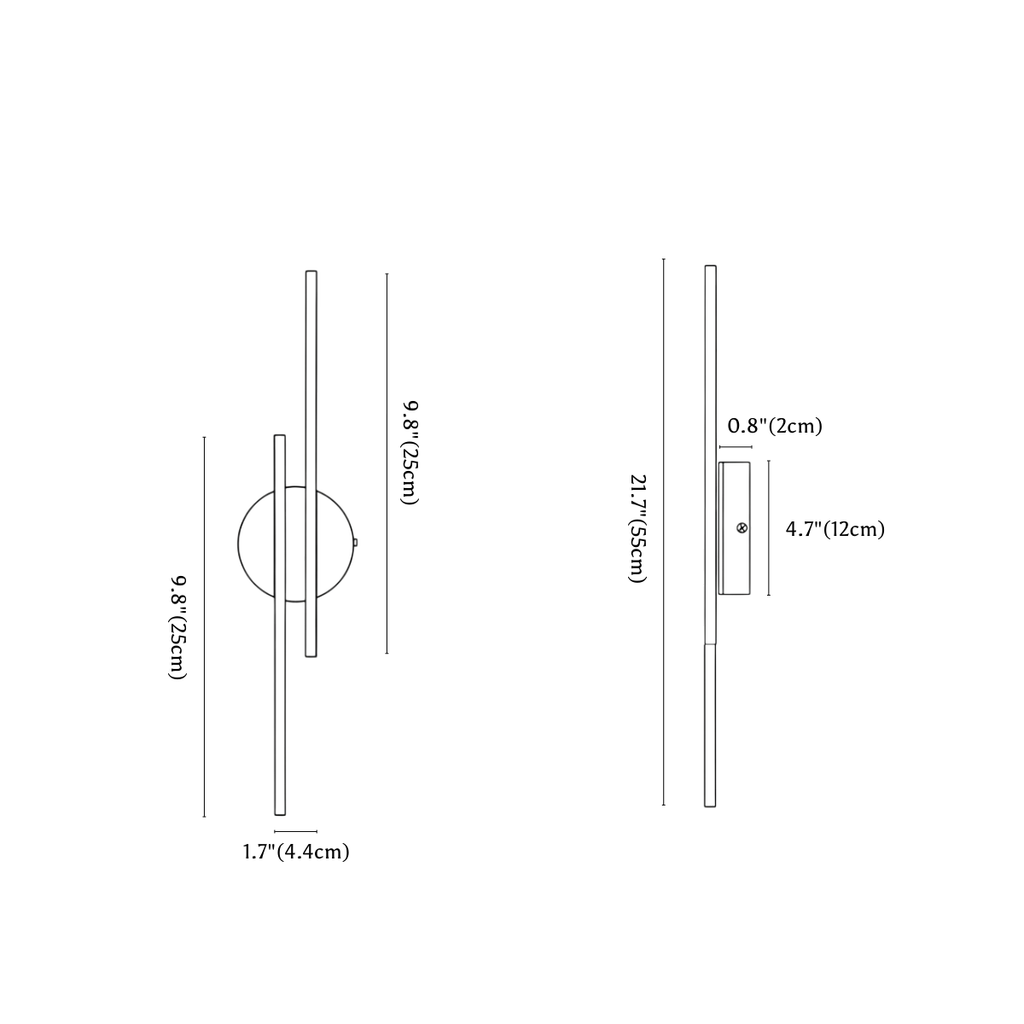 Clérachic wall light dimension drawing, every measurement marked in centimetres and inches.