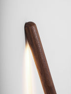 Close view of the rounded top of this Clérachic floor lamp, with walnut grain and light spilling down the wall.
