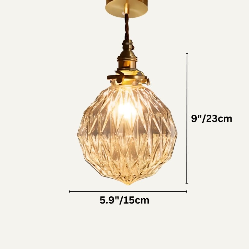 Clérachic faceted glass pendant with a brass holder on a twisted cord, measuring 15 cm wide and 23 cm high.