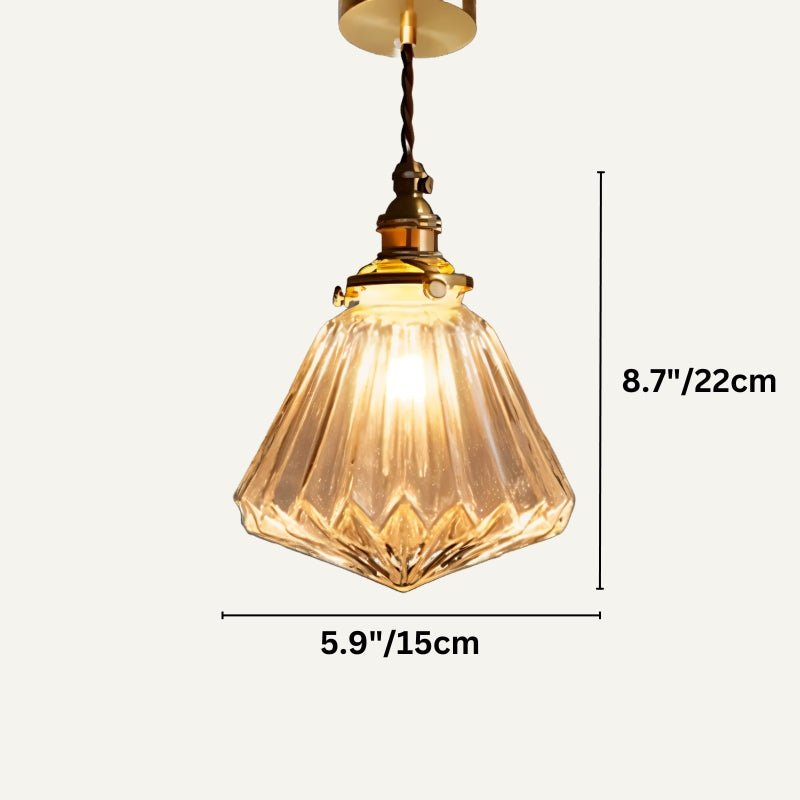 Clérachic ribbed faceted cone glass pendant with a brass holder on a twisted cord, 15 cm wide and 22 cm high.