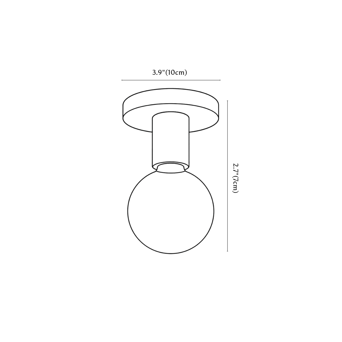 Clérachic ceiling light dimension drawing, every measurement marked in centimetres and inches.