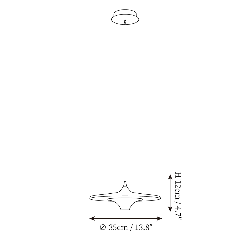 Dimension drawing of this Clérachic pendant, with its 12 cm height and 35 cm diameter marked.
