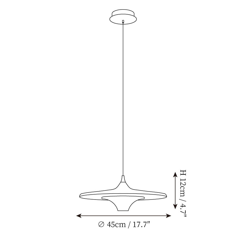 Dimension drawing of this Clérachic pendant, with its 12 cm height and 45 cm diameter marked.