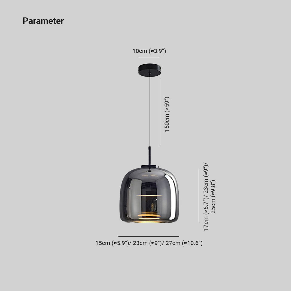 Clérachic pendant dimension drawing: canopy 10cm (≈3.9″), drop 150cm (≈59″), shade 15/23/27cm (≈5.9/9/10.6″) wide by 17/23/25cm (≈6.7/9/9.8″) high.