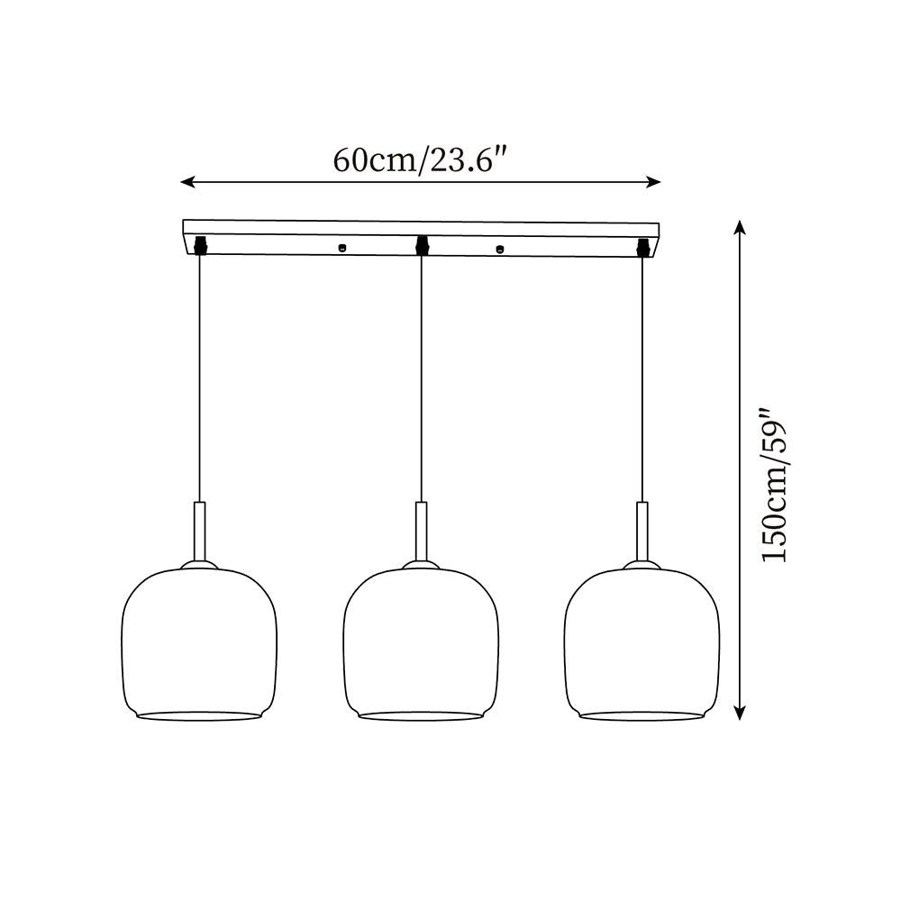 Dimension drawing of the Clérachic 3-head linear bar version, bar canopy 60cm/23.6″ wide with a 150cm/59″ cord drop.