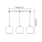 Dimension drawing of the Clérachic 3-head linear bar version, bar canopy 60cm/23.6″ wide with a 150cm/59″ cord drop.