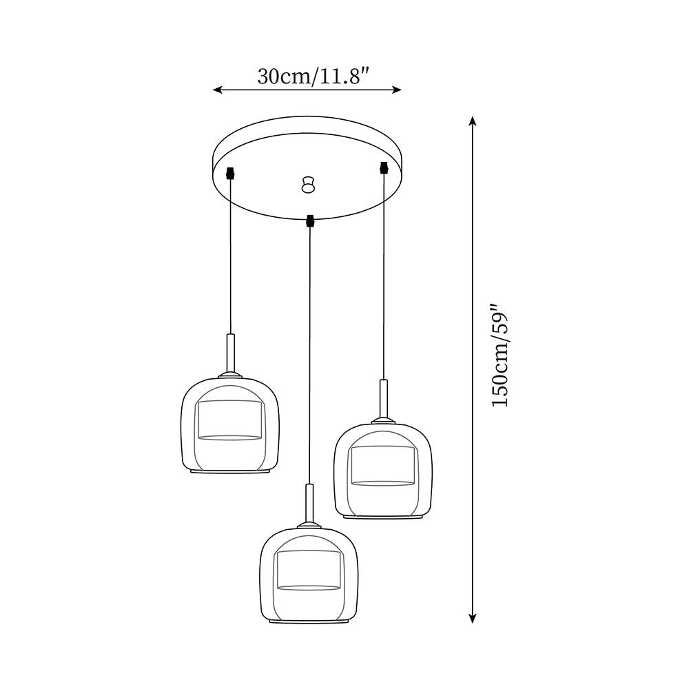 Dimension drawing of the Clérachic 3-head round cluster, canopy 30cm/11.8″ across with the same 150cm/59″ cord drop.