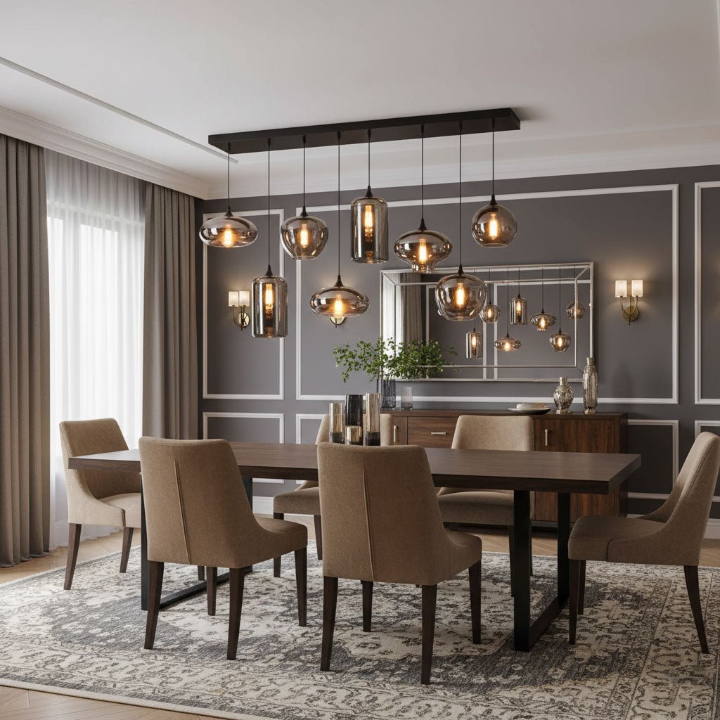 A Clérachic pendant with a long black canopy and smoke glass shades hangs over a dark wood dining table in a grey panelled room.